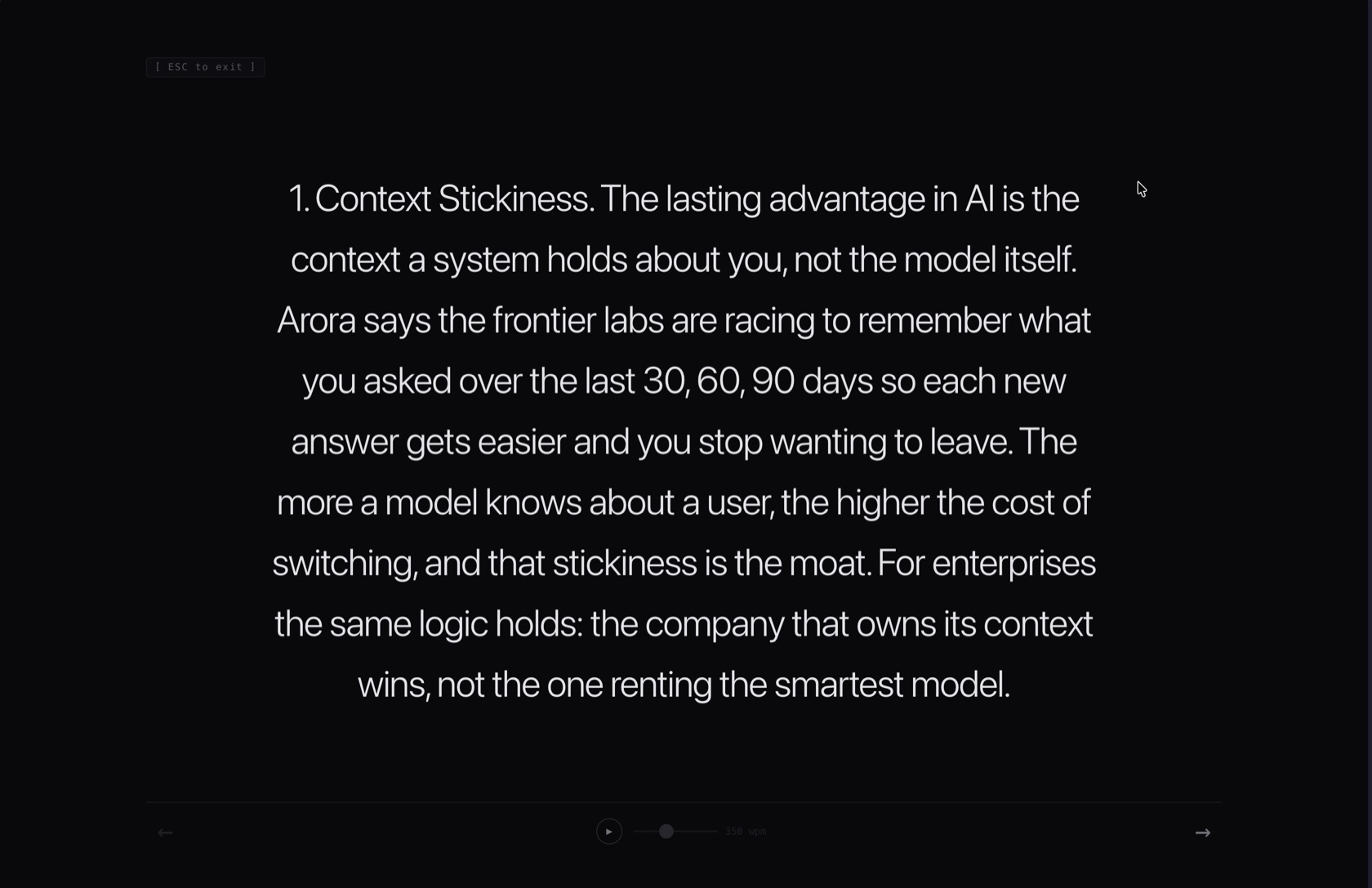 Focus Reader showing a single thought centered on a black screen